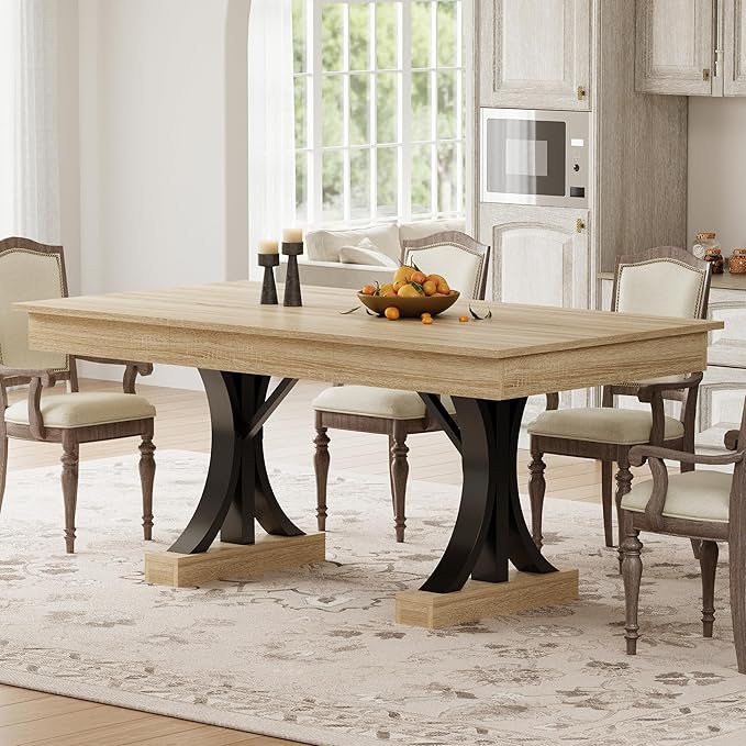 Garvee 71-Inch Dining Table with 2 Drawers,Rectangular Dining Table for 6-8 with Double Pedestal & Sturdy Frame, Industrial Wooden Kitchen Table with Large Tabletop, for Dinner, Natural