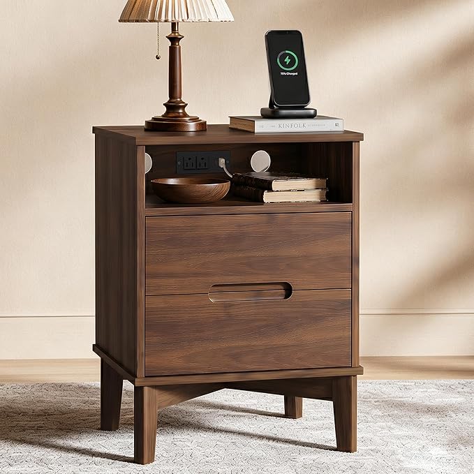 26" Tall Wood Nightstand with Charging Station & USB-C, Mid Century Modern Bedside Table with Solid Wood Legs, Walnut Finish with 2 Drawers