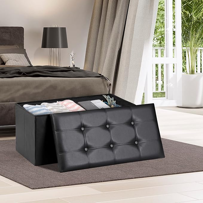 ZenStyle 30Inches Storage Ottoman Bench, Folding Footrest Stool, Storage Chest Long Shoes Bench with Foam Padded Seat, Holds up to 350 lbs, for Living Room, Entryway, Bedroom, (Black, 30 inches)