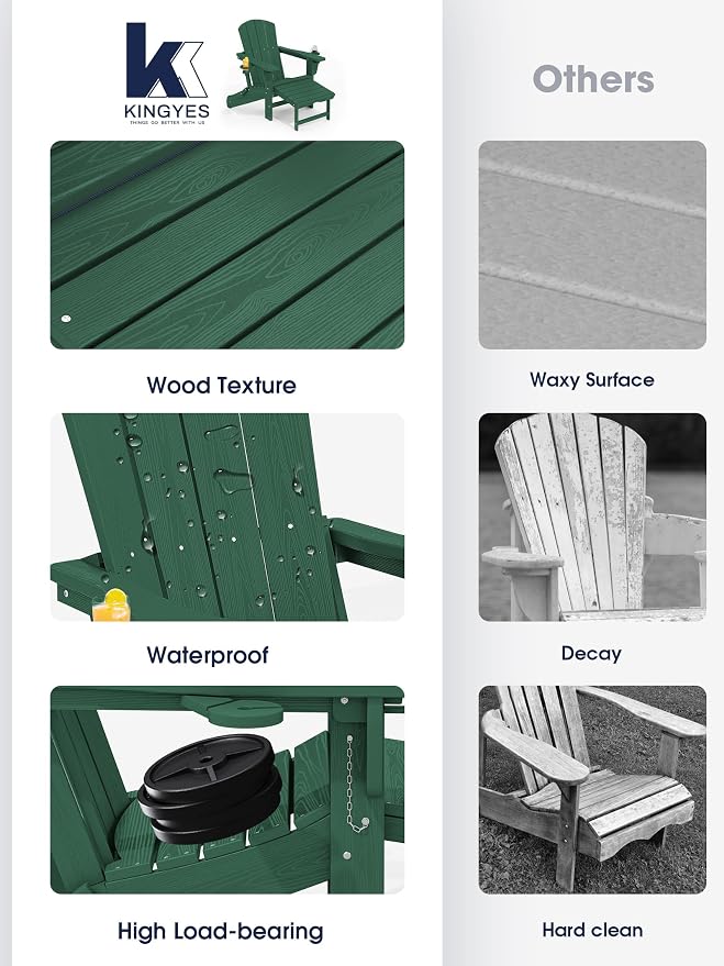KINGYES Folding Adjustable Adirondack Chair with Retractable Ottoman Set of 4, HDPE Adirondack Recliner Chair with Footrest, Green