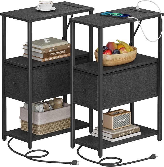 TUTOTAK Small Narrow End Table with Charging Station, Set of 2, Side Table with Outlets, Nightstand with Cloth Drawer, Couch Table, for Living Room, Bedroom, Bedside, Black TB01BK058