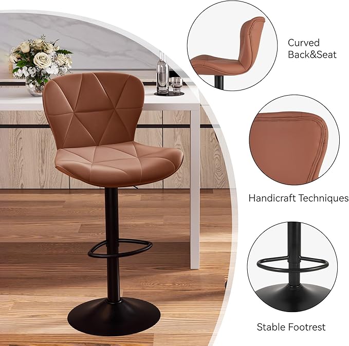Nalupatio Modern Bar Stools Set of 2, Faux Leather Upholstered Swivel Bar Stools, Adjustable Counter Height Bar Chairs with Back for Kitchen Island, Rust