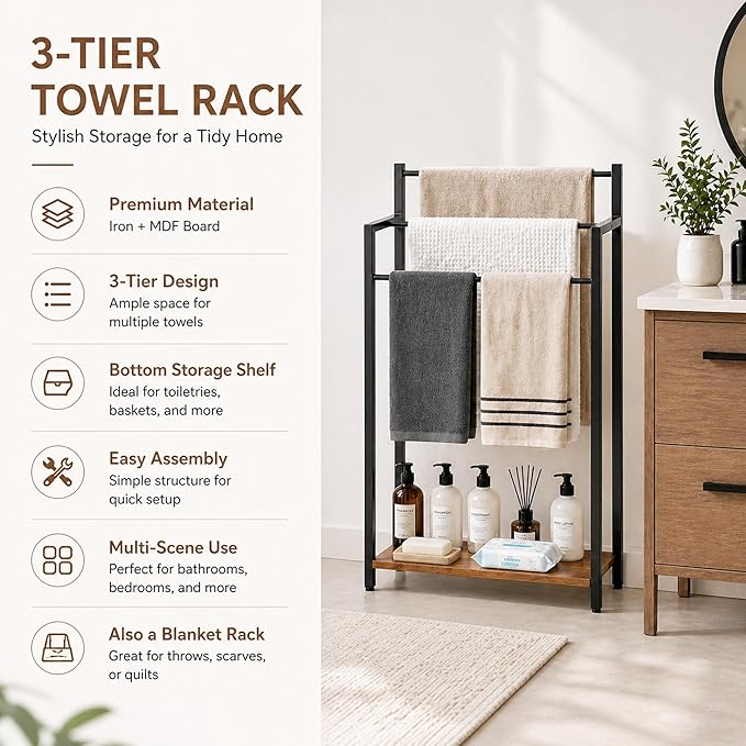 Freestanding Towel Rack, 3 Tier Blanket Ladder Stand with Rustic Brown Wooden Shelf for Bathroom Living Room (31.5" H x 16.9" W x7.9 D)