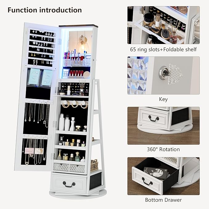 HWB Standing Full-Length Mirror Jewelry Armories, Jewelry Organizer with LED Lights 360° Swivel, Lockable Jewelry Cabinet, Jewelry Storage with Shelves & Stable Base White