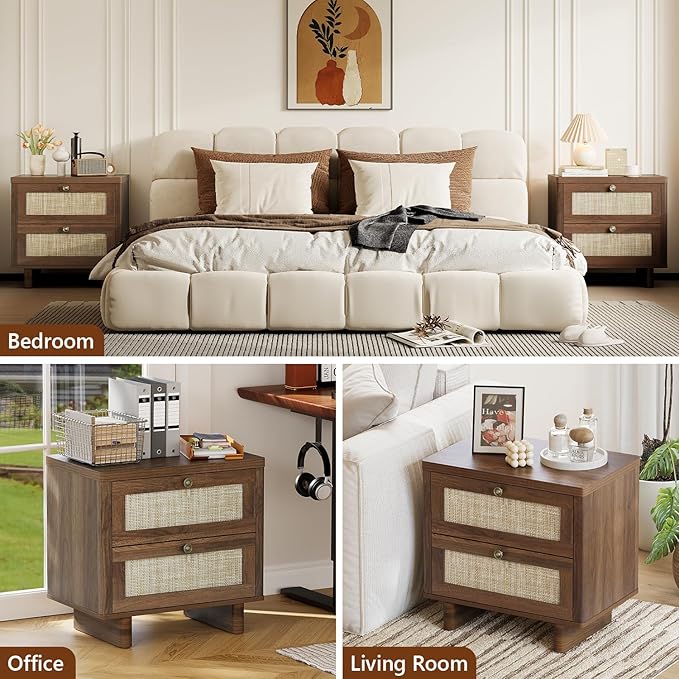 LAZZO Nightstands Set of 2, Mid Century Modern Night Stand with Rattan Drawers, Walnut Nightstand Bedside Table Set of 2, End Table for Bedroom (Walnut)