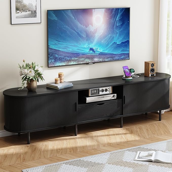 ONBRILL 86.6" TV Stand with Power Outlet for TVs up to 90", Entertainment Center with Storage and Drawer, TV Console with Adjustable Shelves and Sliding Door, TV Stand for Living Room, Bedroom, Black