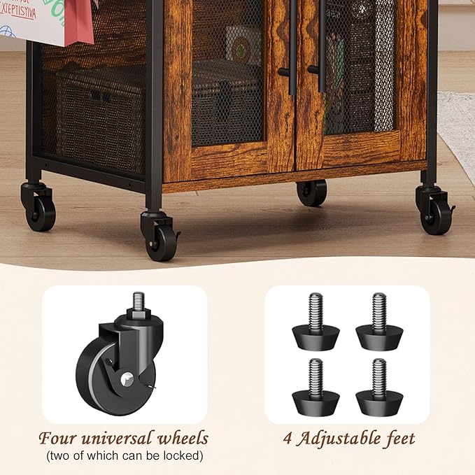 Hencawima Small Coffee Bar Cabinet with Storage, 3-Tier Rolling Coffee Bar Table, Farmhouse Coffee Cart Station with 2 Doors for Living Room, Dining Room, Rustic Brown