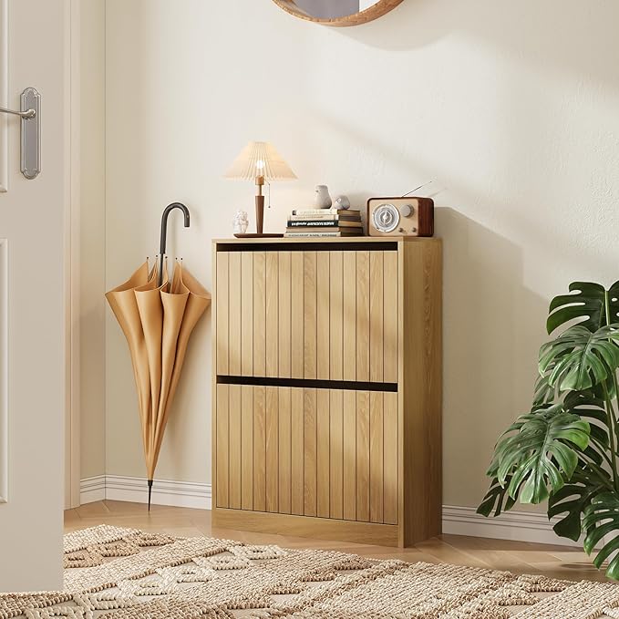 Shoe Storage Cabinet with Vertical Groove Doors 2 Flip Drawers, Narrow Shoe Cabinet Storage for Entryway, Freestanding Shoe Organizer Cabinet, Slim Shoe Rack Cabinet (Natural Oak Grain)
