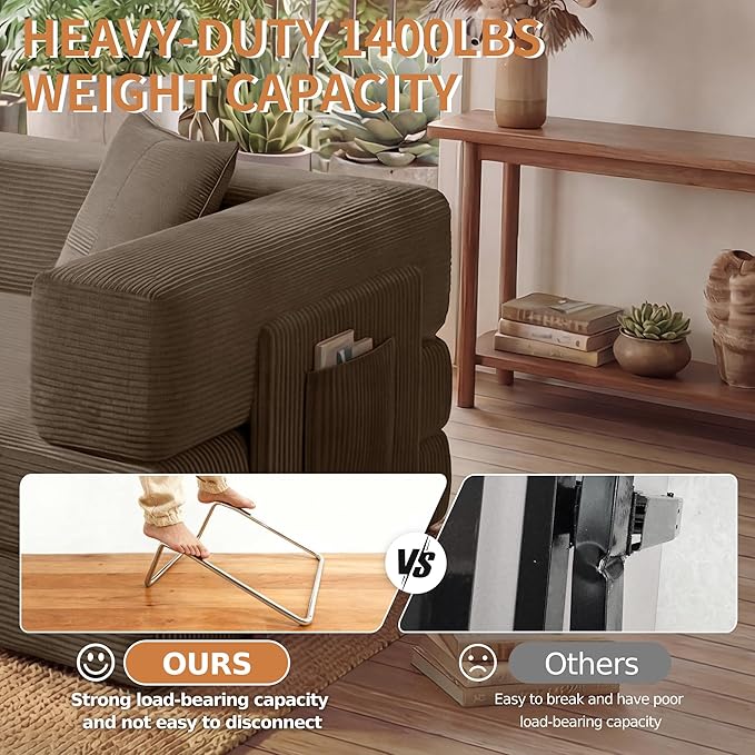 78.8" Convertible Sofa Bed with Armrest Pillow, 4-in-1 Sleeper Couch Bed for Livingroom, Modular Corduroy Boneless couches, No Assembly (Brown)