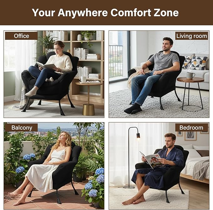 Welnow Black Single Lazy Chair for Living Room, Modern Reading Accent Chair with Armrests and a Side Pocket, Leisure Lazy Sofa Chair for Small Space, Bedroom, Dorm