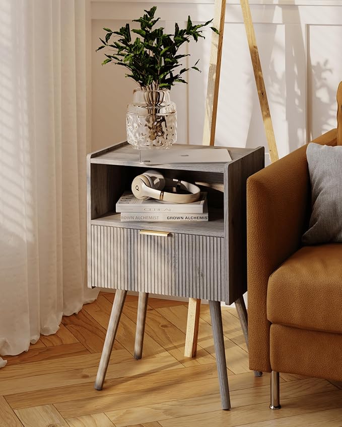 JOONEE Nightstand,Modern Bedside Table with Storage Drawer and Open Wood Shelf, for Living Room, Bedroom and Small Spaces, Accent Night Stand with Solid Wood Legs, Easy Assembly,Grey Oak