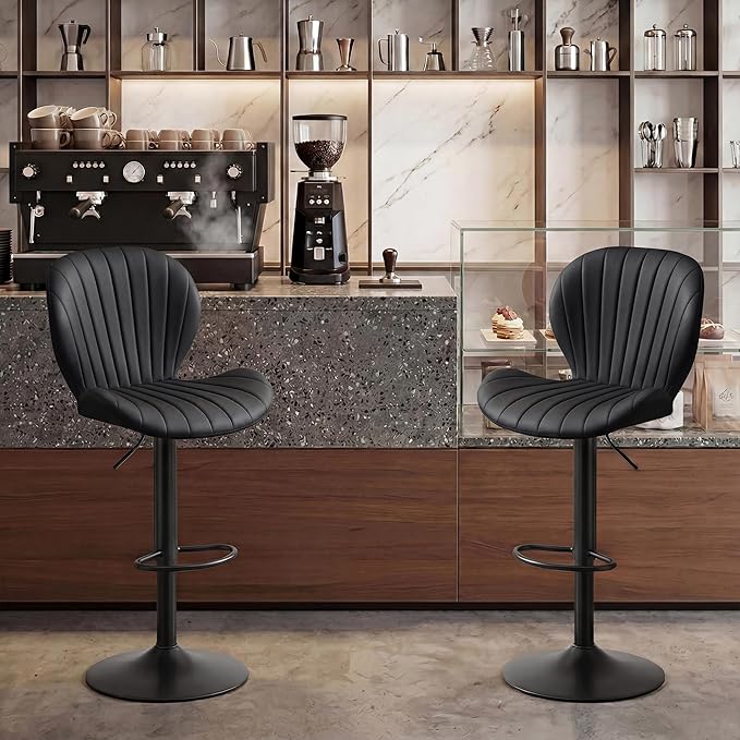 GRUSIGN Bar Stools Set of 4, Modern Swivel Adjustable Bar Chairs, Faux Leather Upholstered Counter Height Bar Stools with Backrest, Comfort Barstools for Kitchen Island, Home Bar, Black