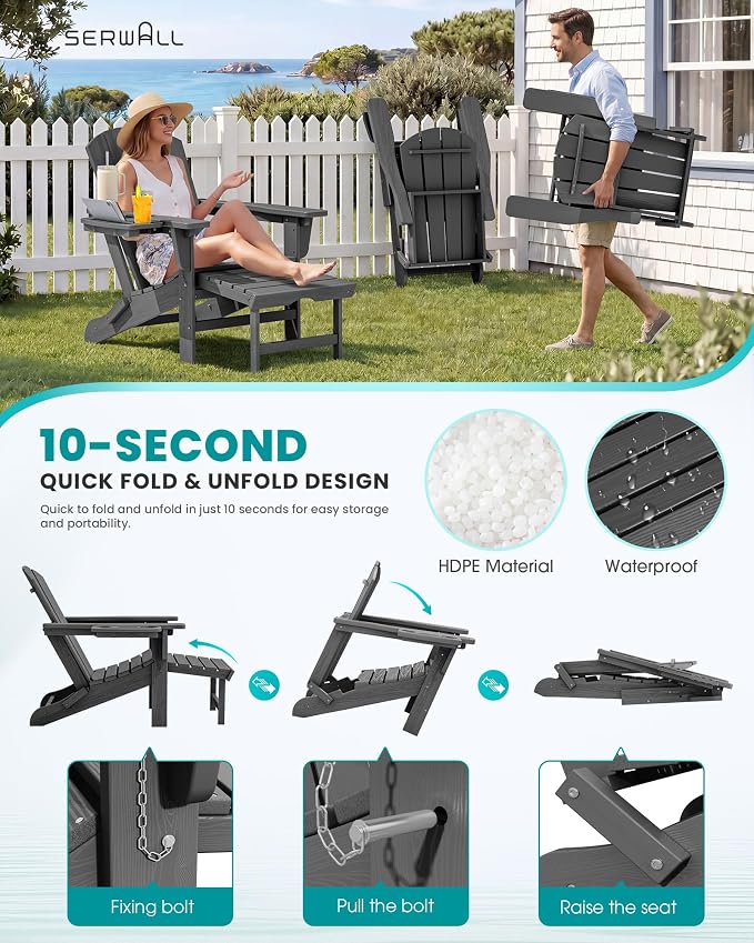 SERWALL Folding Adjustable Adirondack Chair with Footrest, HDPE Outdoor Chair with 4-in-1 Cup Holders, All Weather Adirondack Chair with Ottoman, Gray