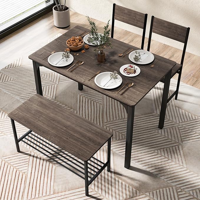 COSTWAY Dining Table Set for 4, Rectangular Kitchen Table Set with Bench and 2 Chairs, Storage Rack & Metal Frame, 4-Piece Dining Room Table and Chairs Set for Small Space, Apartment (Grey)