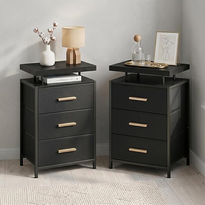 DreamDashio Nightstand Set of 2 with LED Lights, 3 Fabric Storage Drawers with PU Finish, Floating Top Design, Bedside Table with Open Shelf, End Table for Bedroom, Living Room, Office Black