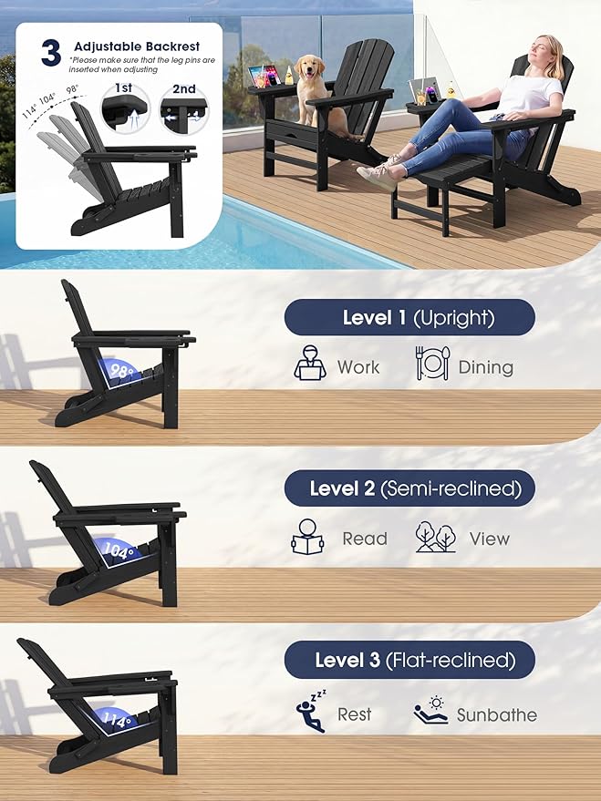 KINGYES Adjustable Folding Adirondack Chair with Footrest & 4-in-1 Multi-Functional Armrest Organizer, HDPE Foldable Recliner Adirondack Chair with Pull-Out Ottoman, Black