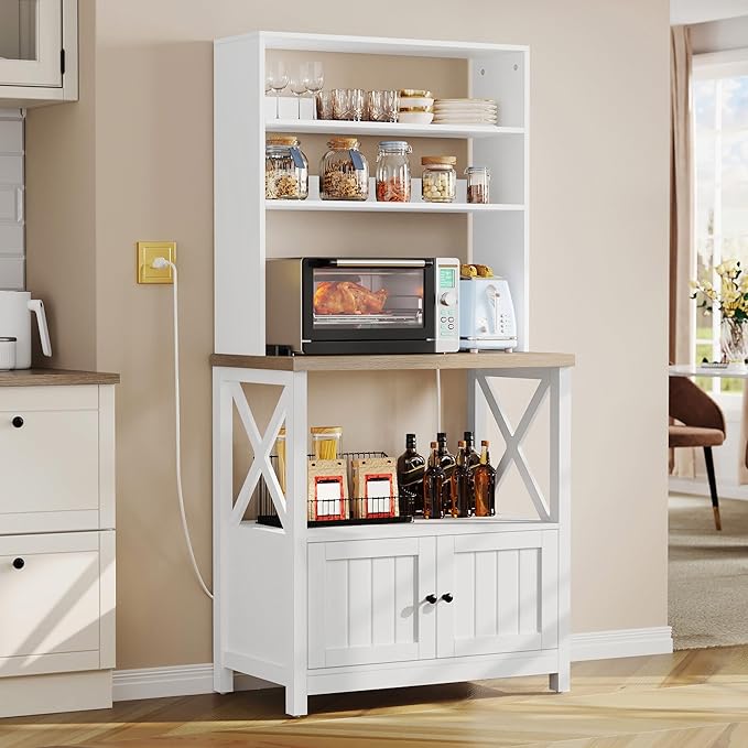 YITAHOME White Microwave Stand Bakers Rack Cabinet, Farmhouse Freestanding Small Kitchen Pantry Hutch Tall w Door Power Outlet Thickened Counter, Coffee Bar Storage Shelves