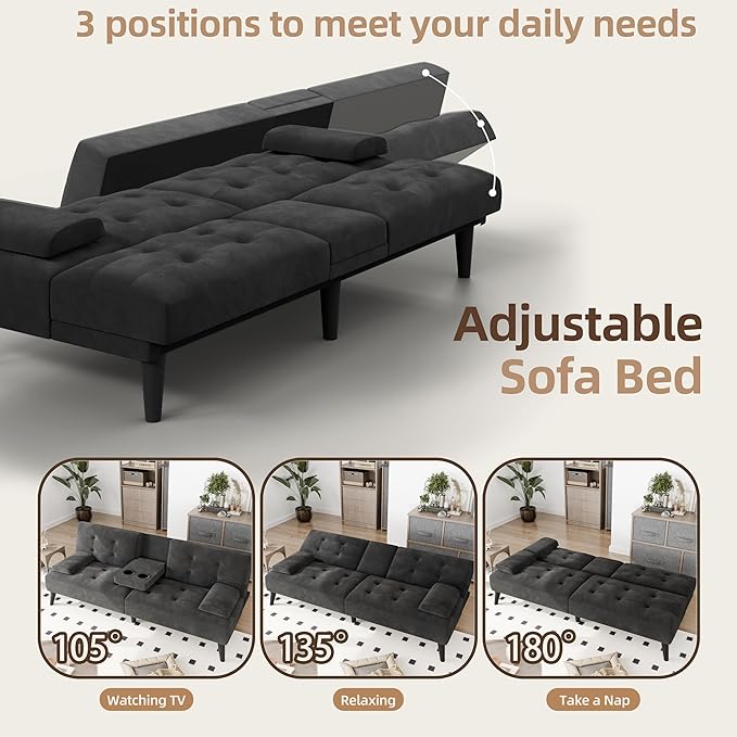 JAMFLY Futon Sofa Bed (Black Velvet)