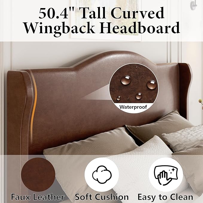 Full Upholstered Bed Frame with Tall Headboard, Leather Platform Bed Frame with Wingback Sides, Wood Slats Support, Noise-Free Design, No Box Spring Required, Easy Assembly, Dark Brown