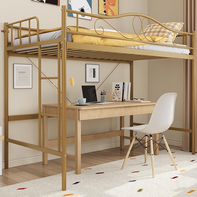 IDEALHOUSE Loft Bed Twin Size with Ladder & Full Safety Guardrail, Heavy Duty Metal Twin Loft Bed 400 Lbs Load Capacity, Space-Saving, Noise Free, No Box Spring Needed, Easy Assembly, Gold