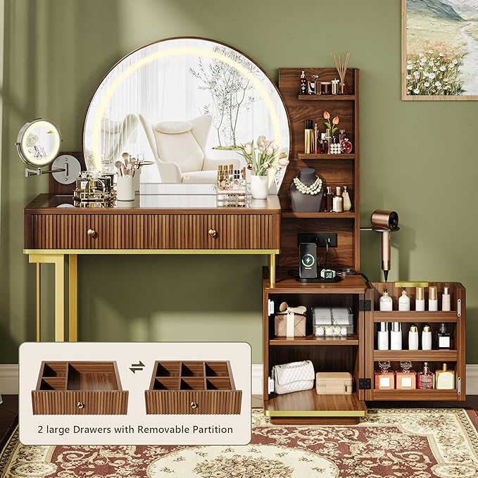 Einhomn Vanity Desk w/5x Magnifying Mirror, Fluted Makeup Vanity w/Mirror and Lights, Glass Top Vanity, Dressing Table w/Power Outlet & Drawers, Adjustable Shelves for Bedroom, Women & Girls, Brown