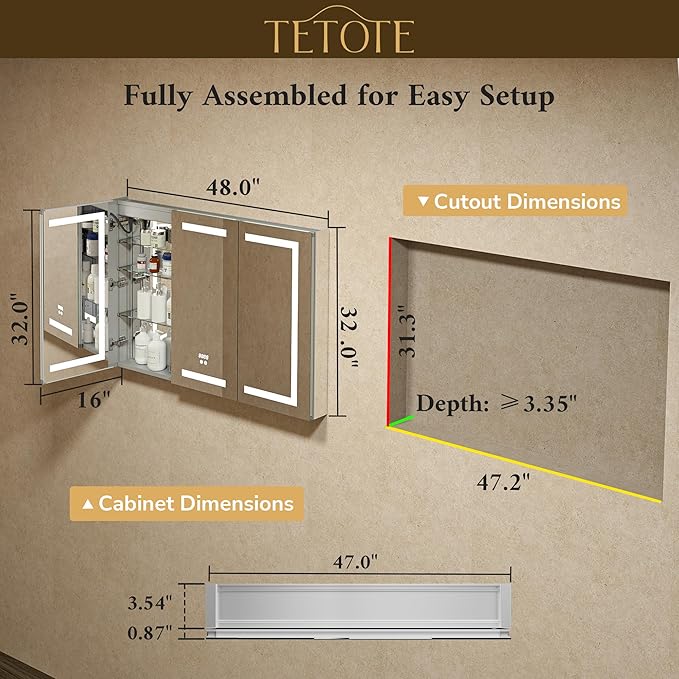 TETOTE 48 x 32 Lighted Medicine Cabinet with LED Lights, 3 Door Recessed or Wall Mount Bathroom Cabinet, Led Vanity Cabinet Mirror, Tempered Glass, Outlets & USB, Adjustable Shelf, 3-Color Lights
