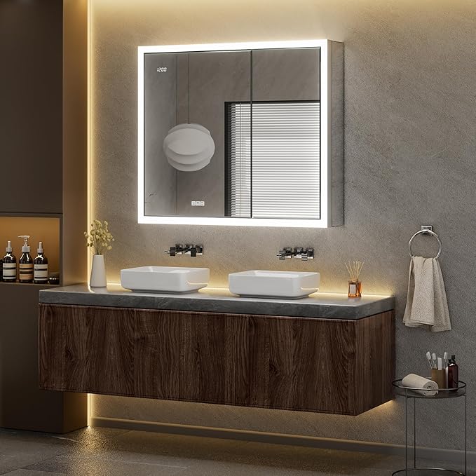 36x30 Lighted Medicine Cabinet with Mirror & Clock -Surface or Recessed Aluminum Medicine Cabinet with Dimmable Light & Outlet, Anti-Fog, Built-in Sensing Light, Assembly-Free