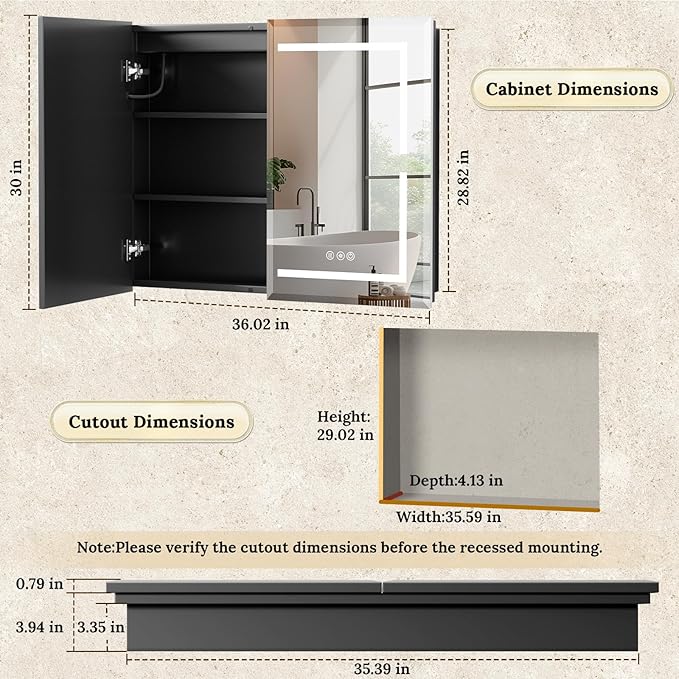 36"X30" Bathroom Medicine Cabinet with Mirror, LED Lighted Medicine Cabinet with Anti-Fog, 3 Colors Temperature Stepless Dimmable, Metal Cabinet for Storage and Mordern Decor, Black