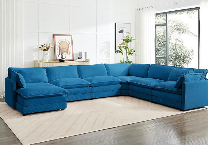 ROWHY 150'' Cloud Modular Sectional Sofa, 7 Seater Sectional Sofa Corduroy Oversized L Shaped Couch with 4 Pillows, Movable Ottoman, Deep Seat Sectional Couches for Living Room Office Bedroom, Blue