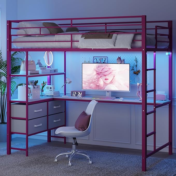 VINGLI Full Metal Loft Bed Frame with L-Shaped Desk, 15 Inches Guardrail, Non-Slip Ladder, 2 Charging Stations, 4 Drawers/Storage Shelves/LED Lights, for Kids Teens Adults, No Box Spring Needed, Pink