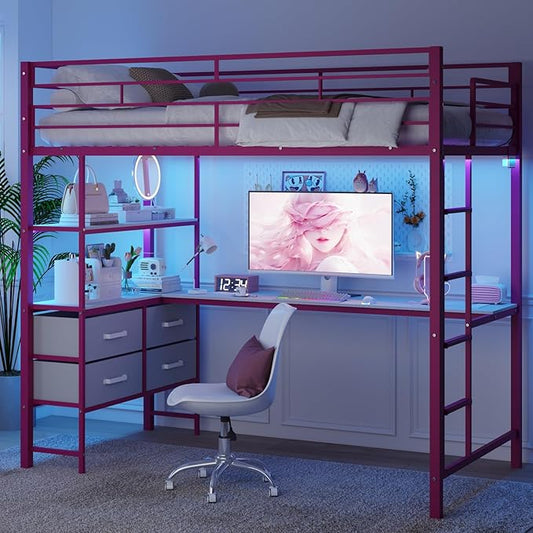 VINGLI Full Metal Loft Bed Frame with L-Shaped Desk, 15 Inches Guardrail, Non-Slip Ladder, 2 Charging Stations, 4 Drawers/Storage Shelves/LED Lights, for Kids Teens Adults, No Box Spring Needed, Pink
