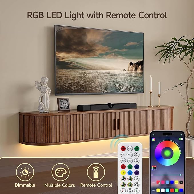 63" Floating TV Stand with Power Outlet for TVs up to 75", Fluted Entertainment Center with Remote Control for LED Lights, Mid-Century Modern TV Console w/Sliding Door for Living Room, Bedroom Walnut