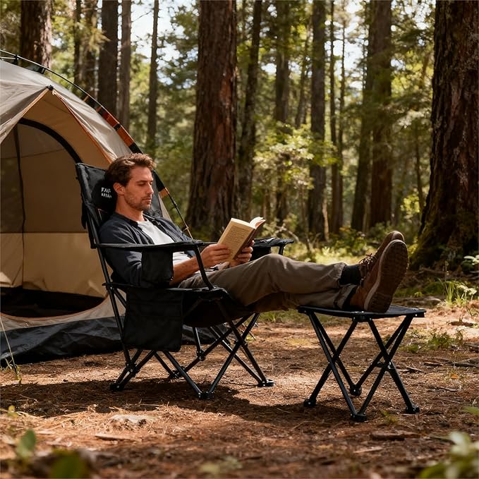 FAIR WIND Oversized Padded Camping Chair with Footrest Stool Set Heavy Duty Support 300 LBS Cooler Bag - Black