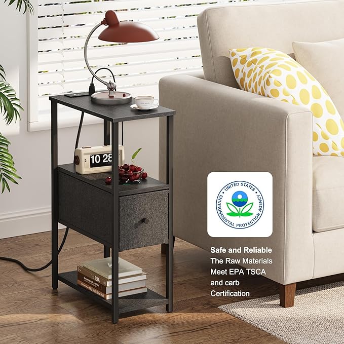 TUTOTAK Small Narrow End Table with Charging Station, Set of 2, Side Table with Outlets, Nightstand with Cloth Drawer, Couch Table, for Living Room, Bedroom, Bedside, Black TB01BK058