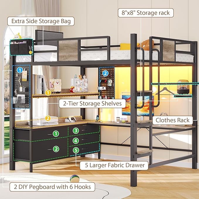 Dnxao Full Loft Bed with Desk and 5 Storage Drawers, Loft Bed Full Size with 1 Bedside Organizer,Removable Ladder, LED Lights and Charging Station,Clothes Rail,Safety Guard,Oak Gray