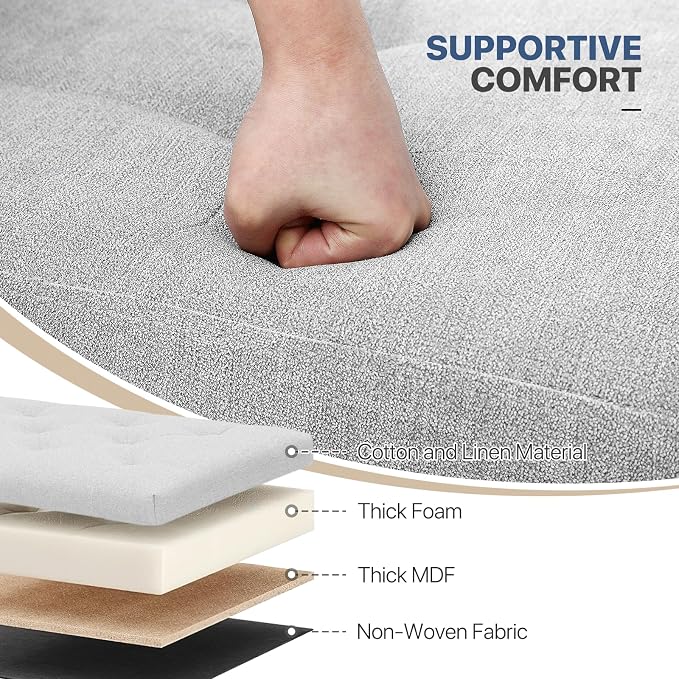 MoNiBloom 43 Inch Folding Storage Ottoman Bench, Linen Fabric Ottoman Footrest, Storage Chest, Padded Seat, End of Bed Bench for Living Room, Bedroom, Entryway, Light Gray