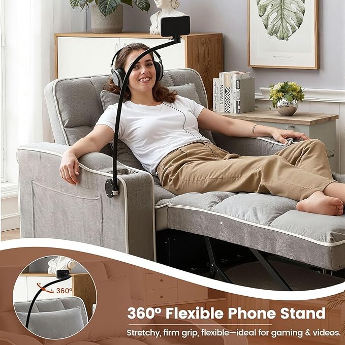 Sleeper Chair, Convertible Pull Out Chair Sleeper with Bracket and Cup Holder, Chairs Bed Sleepers with USB Ports for Adults, 3 in 1 Single Sofa Bed for Small Spaces, Living Room, Gray