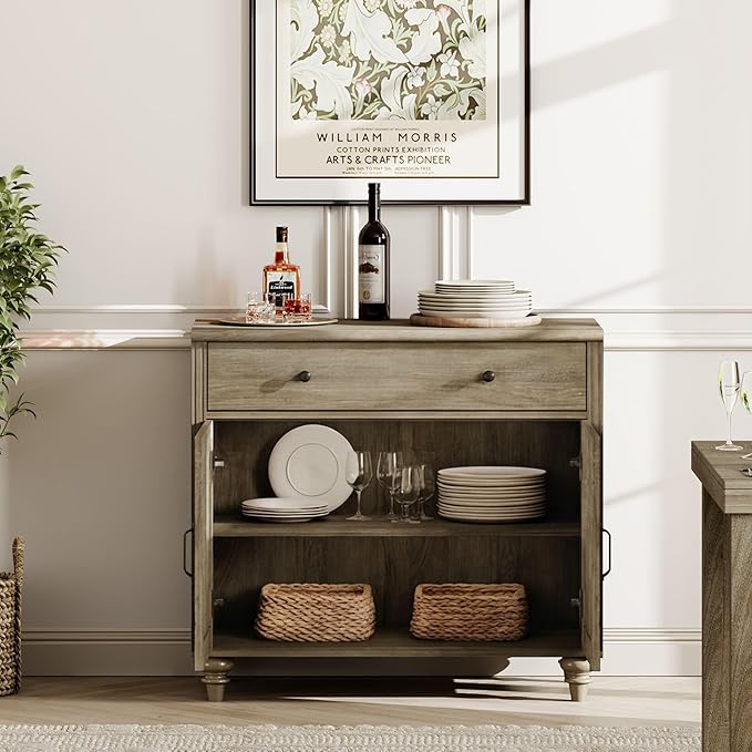 WAMAPT Buffet Cabinet with 6 Doors and 3 Drawers, Large Coffee Bar Table Wood Kitchen Storage Cabinets with Storage Cabinets, Modern Farmhouse Sideboard Credenza for Dining Room, Wash Grey, 101 inch