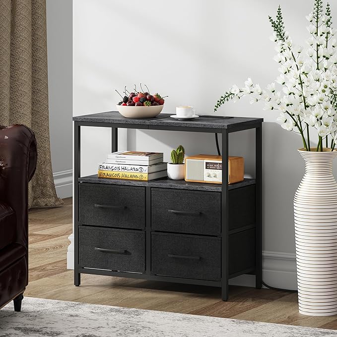 TUTOTAK Large Night Stand with Charging Station, Nightstand with USB and Type-C Port, Bedside Table with Cloth Drawers, End Table for Livingroom, Bedroom, Charcoal Grey TB01BY081