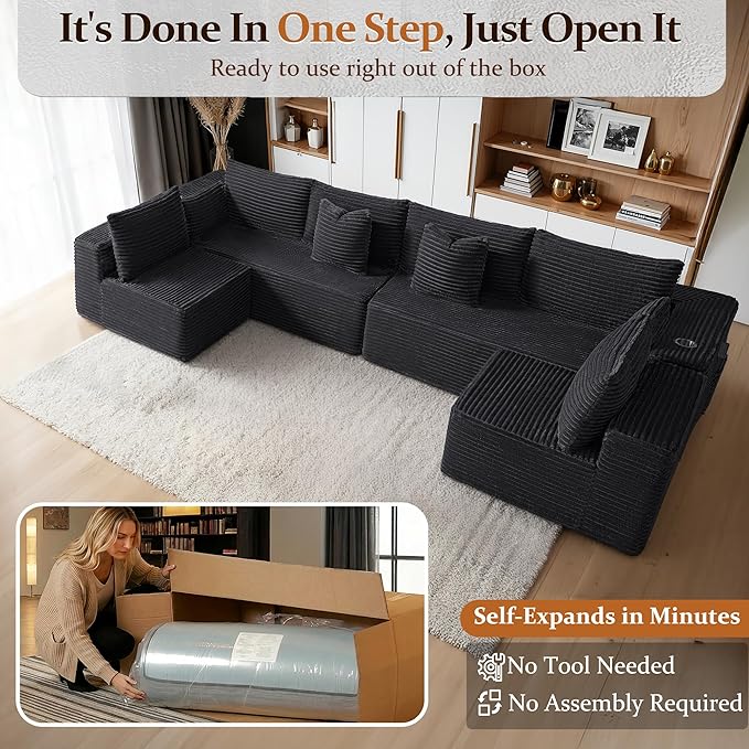 138" Cloud Sectional Couch, Comfort U Shaped Sofa for Living Room, Extra Deep Seats No Assembly, Minimalist Modular Couch, Corduroy (Black, 6 Seats,U-Shape B)