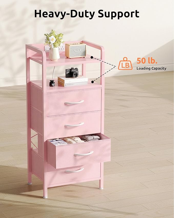 Lazzanto Night Stand Bedside Charger Bedroom - Nightstand with Charging Station & LED Light Strip, Night Stand with Storage Shelf & 4 Fabric Drawers, Morden End Table with USB Ports&AC Outlets,Pink