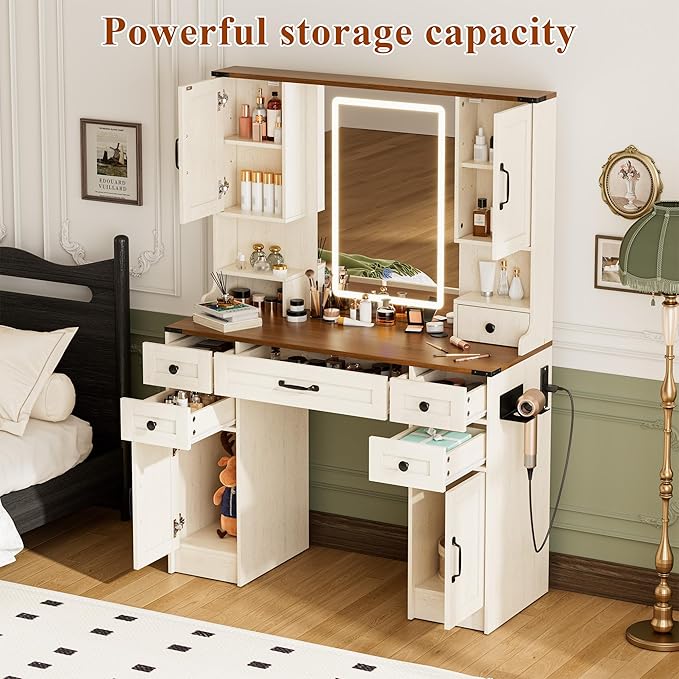 KAMABOKO Vanity Desk with Mirror and Lights, Large Makeup Vanity with 5 Drawers and 4 Storage Cabinets, 3 LED Lights Modes, Brown Dressing Table Set for Girls Bedroom