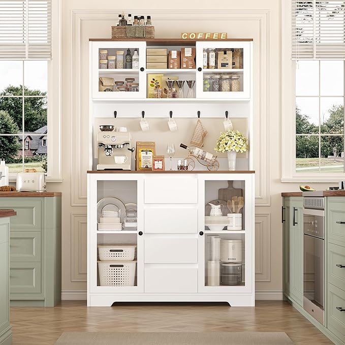HIFIT 71" Tall Coffee Bar Cabinet with Storage and Large Countertop, Kitchen Hutch with 4 Drawers & 5 Metal Hooks & 4 Doors & Microwave Stand, White Kitchen Pantry Cabinet for Dining Room