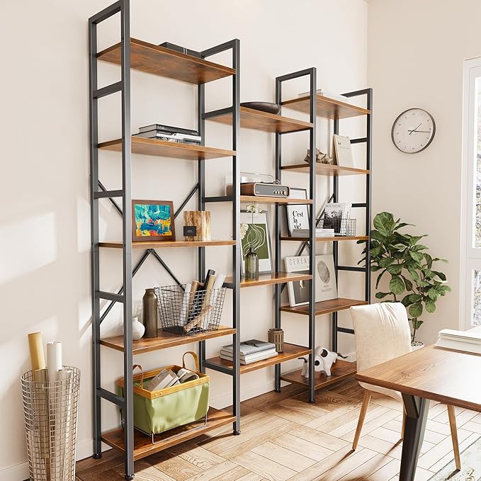 SUPERJARE Triple Bookshelf, Bookcase with 14 Open Display Shelves, Wide Book Shelf Book Case for Home & Office, 5 Tier, Brown