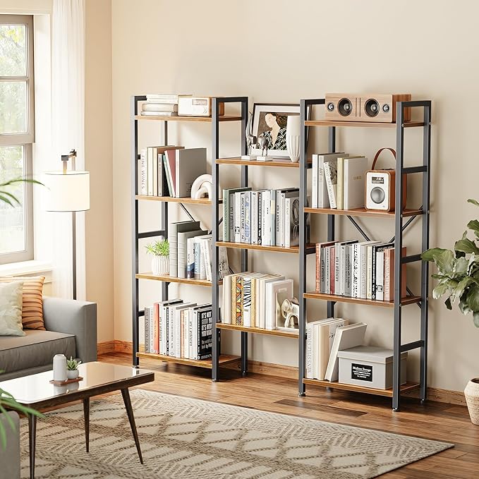 SUPERJARE Triple Bookshelf, Bookcase with 11 Open Display Shelves, Wide Book Shelf Book Case for Home & Office, 4 Tier, Brown,ABC009Z