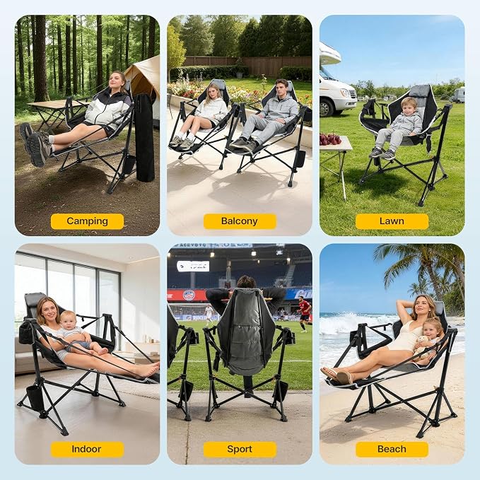 ZENPETIO Hammock Camping Chair with Footrest, Heavy Duty Swinging Rocking Camping Chairs for Adults Portable Folding Camp Chairs Oversized Rocker with Cup Holder & Pillow for Patio Beach, 500 LBS