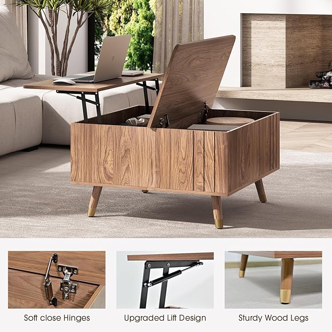 JOINICE 32" Square Lift Top Coffee Table with Storage,Mid Century Modern Walnut Center Table with Rising Desktop for Living Room, Brown Wood Finish