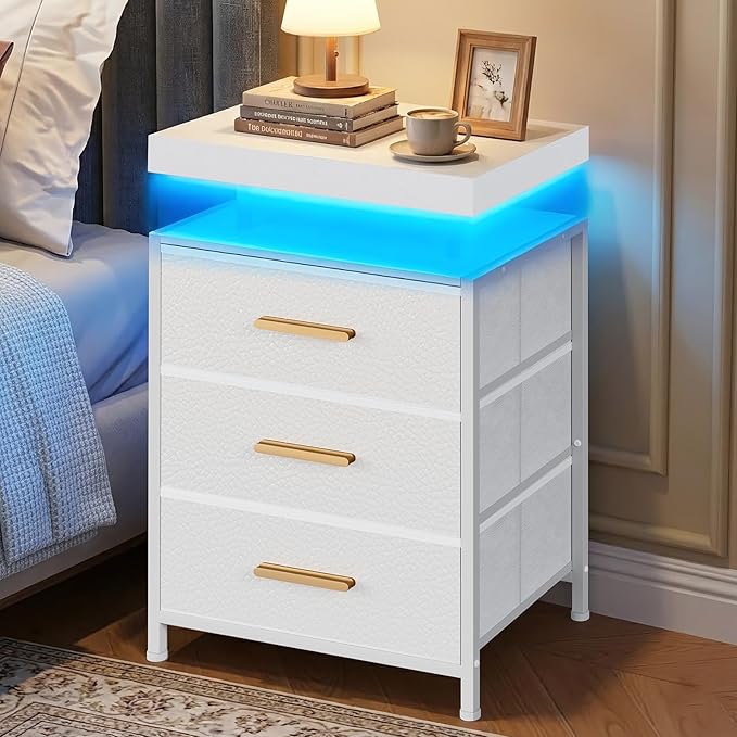 DreamDashio Nightstand with LED Lights, 3 Fabric Storage Drawers, Bedside Table with Floating Wood Top & PU Leather Fronts, Compact Modern End Table for Bedroom, Living Room or Dorm, White