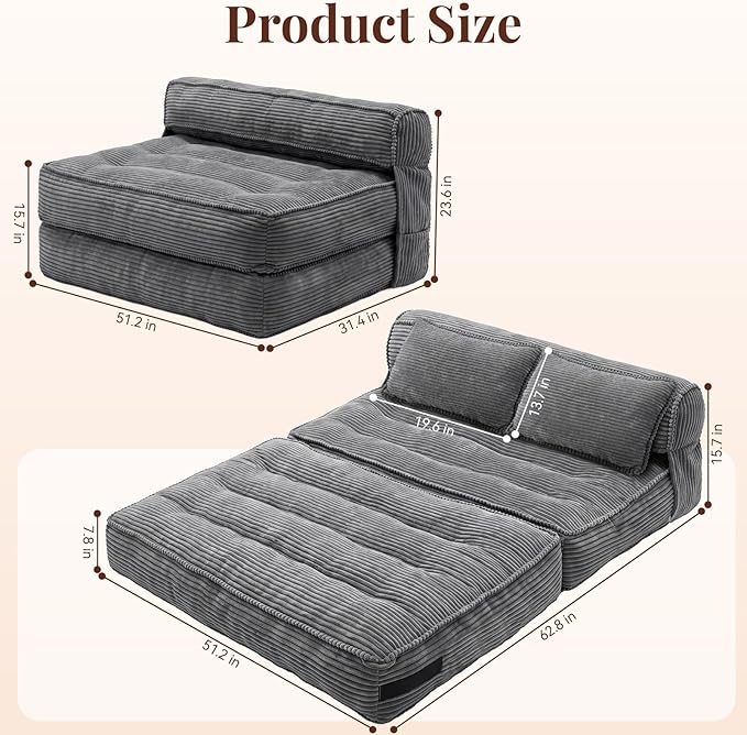 Folding Sofa Bed, Convertible Sleeper Chair with Pillow Foldable Mattress with Back Support, Portable Fold Out Chair Bed Comfy Floor Couch Lounge for Living Room Bedroom Apartment Full