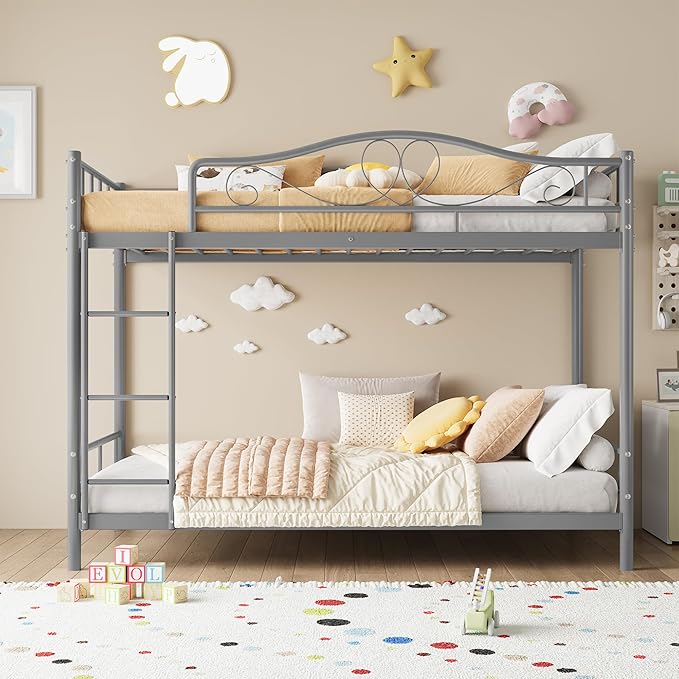 IDEALHOUSE Bunk Bed Twin Over Twin with Ladder & Full Safety Guardrail, Heavy Duty Metal Twin Over Twin Bunk Bed 400 Lbs Capacity, Space-Saving, Noise Free, No Box Spring Needed, Easy Assembly, Grey